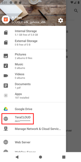 Open the configured TeraCLOUD account